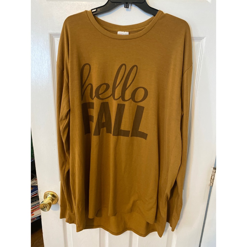 LuLaRoe Womens 2XL Hello Fall Graphic Long Sleeve Tee Mustard Yellow Brown